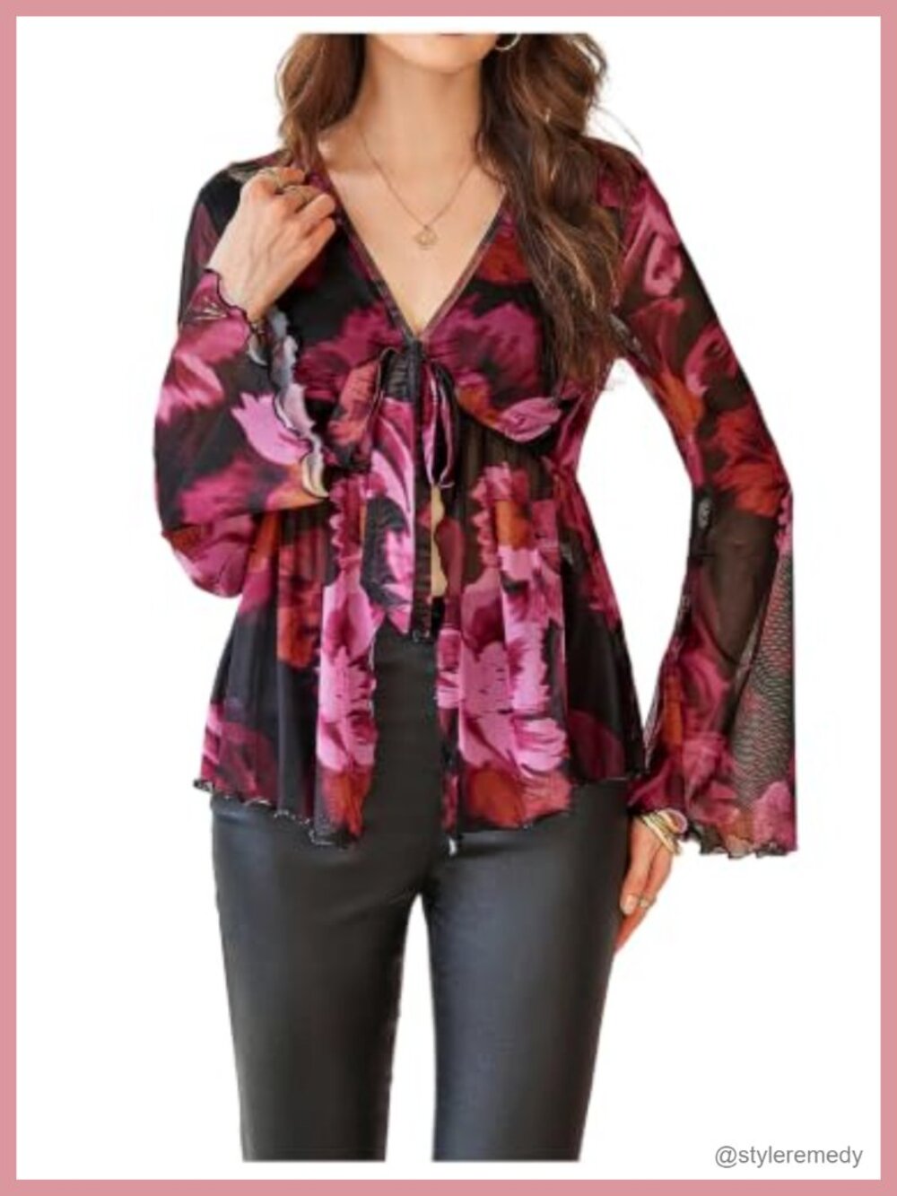 Plus Size Boho Bell Sleeve Peplum Floral Mesh Blouse V-Neck